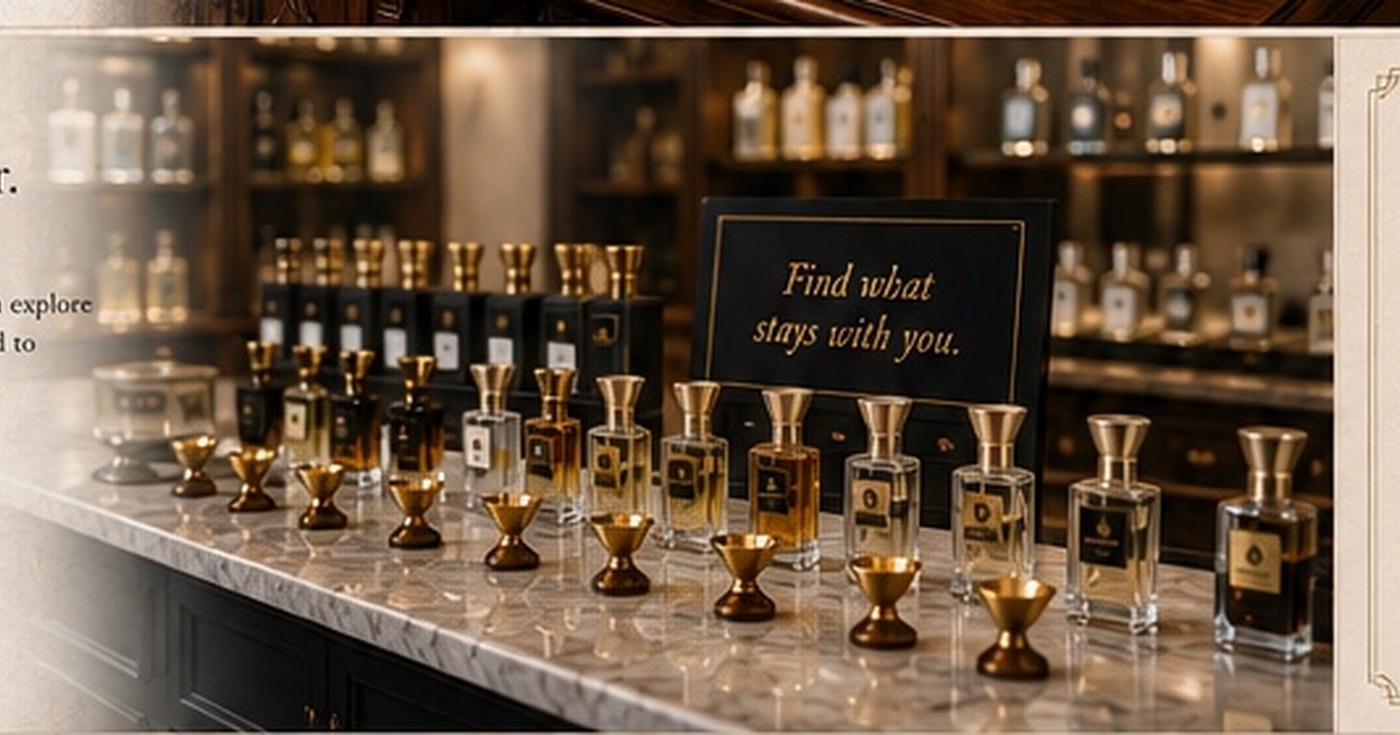 Heirloom Parfumerie discovery bar with curated fragrance bottles